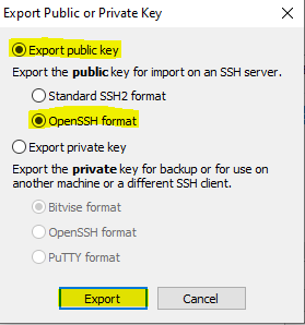 Puttygen - SSH key export screen