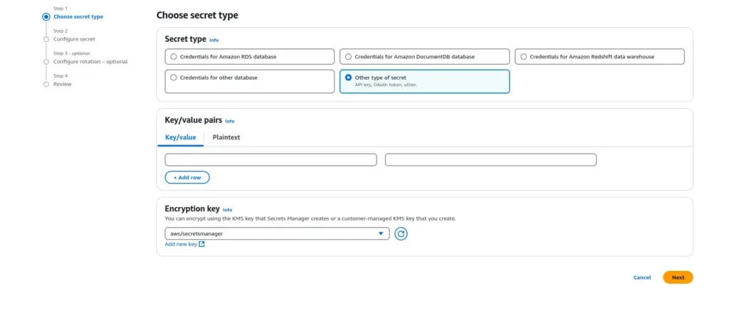 aws secrets manager select secret type 1